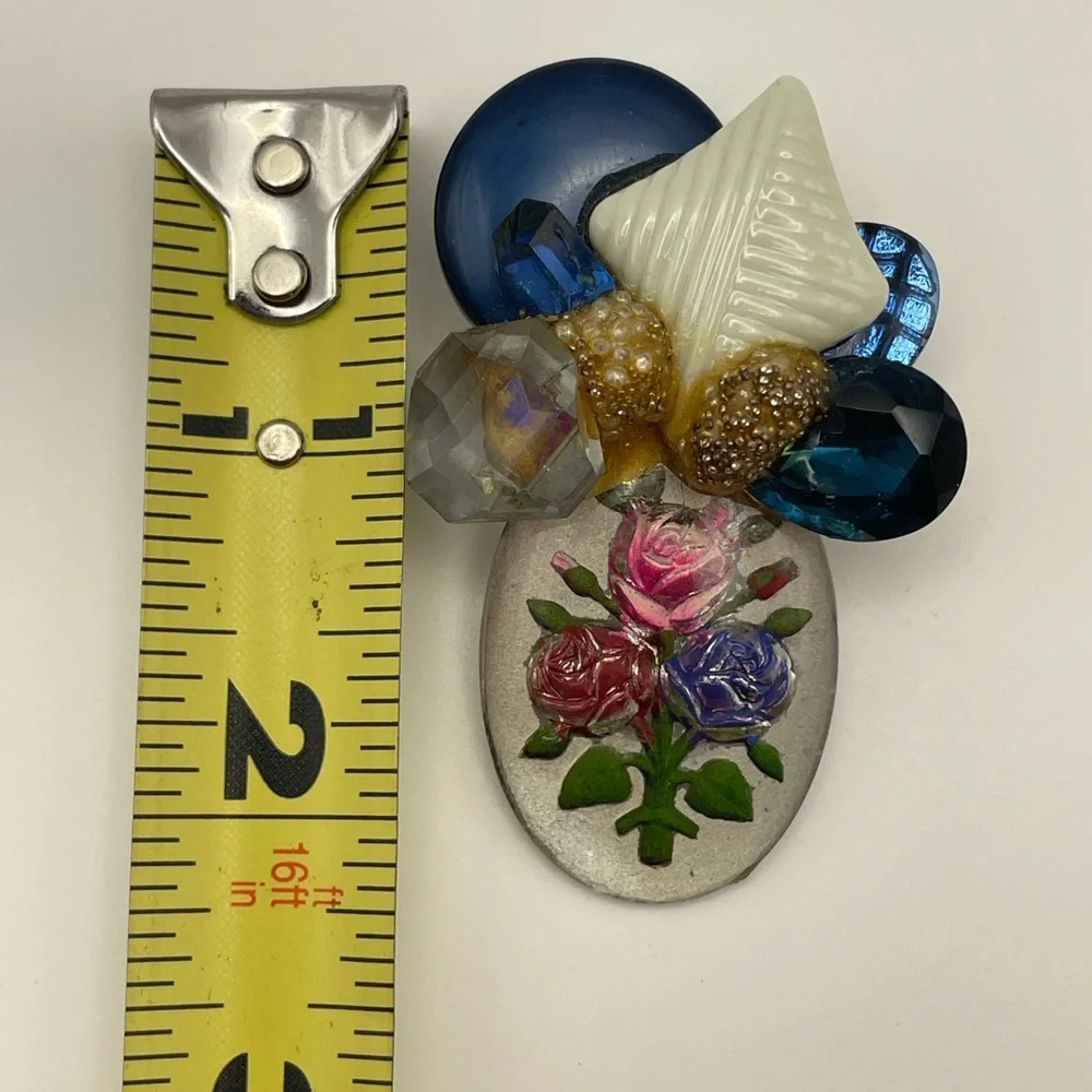 Signed Ropa Vintage Costume Brooch Blue Pink Flowers Shells Sparkly 🌸✨ - Picture 5 of 8